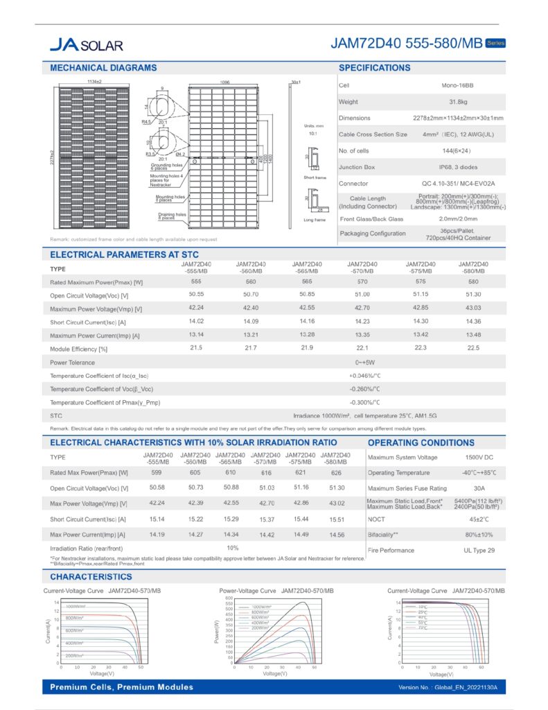 JA 575W Bifacial solar panel