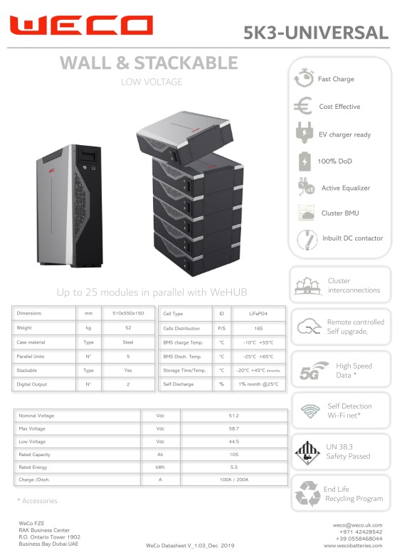 Weco Lithium LFP Solar battery 5.37 KWh/48V | 7000 Cycles High voltage