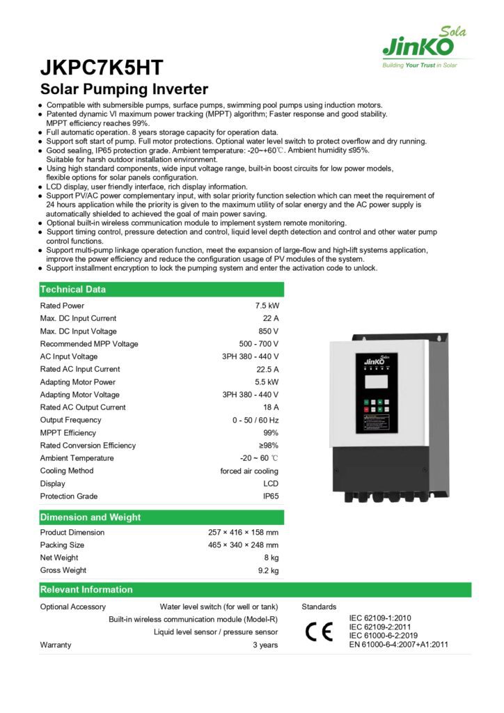 Jinko 7.5Kw Three-Phase Solar Pumping Inverter