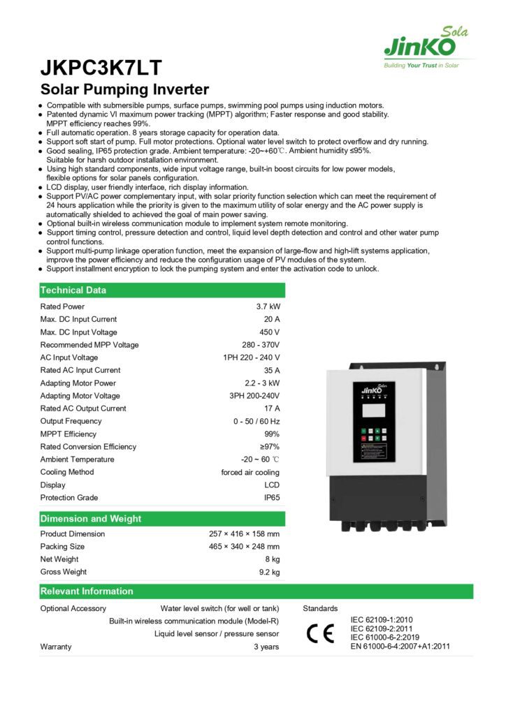 Jinko Solar Pumping Inverter 3.7kW