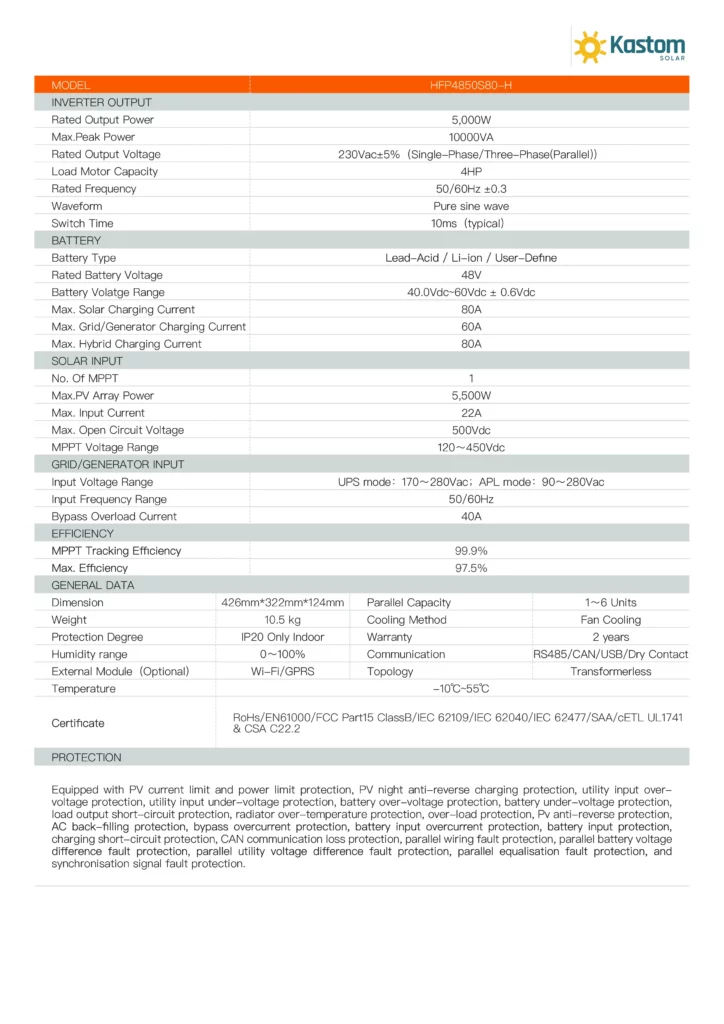 Kastom Solar 48V/5kW Solar Inverter