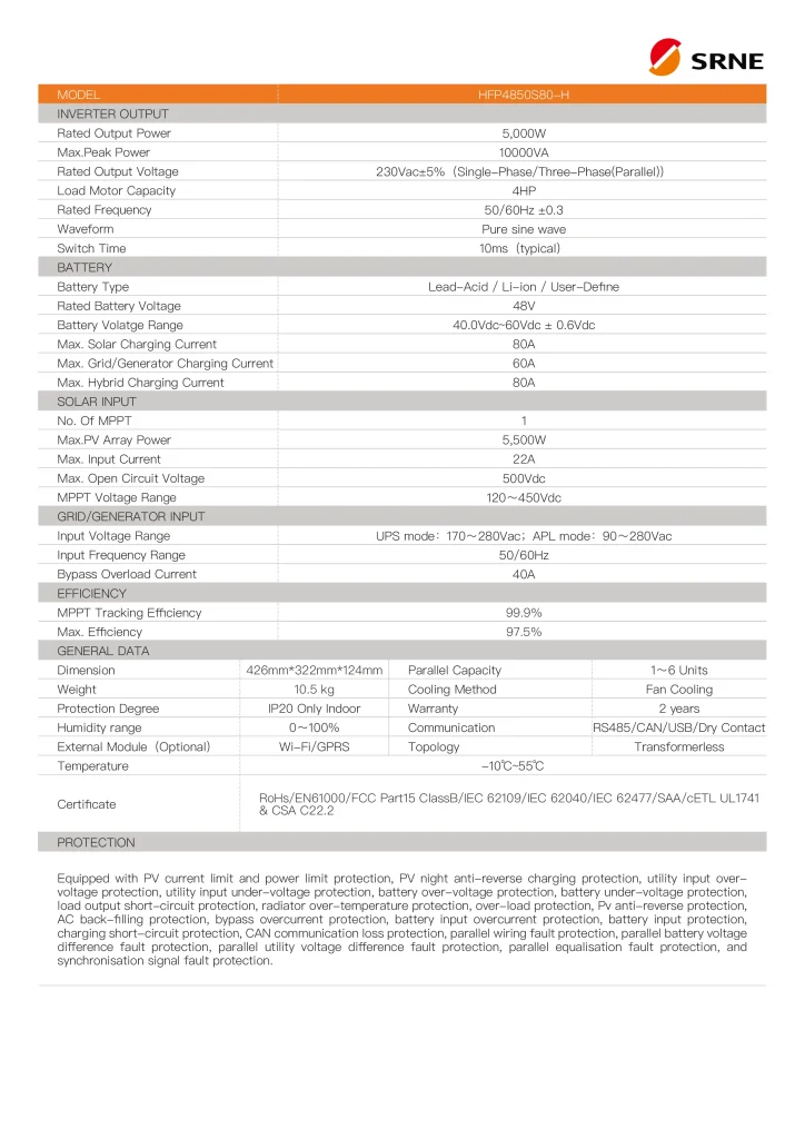 SRNE 5kW Hybrid Solar Inverter