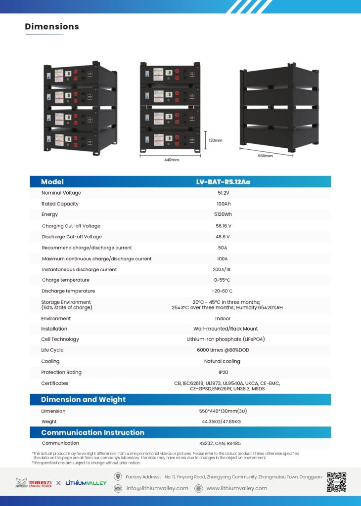 Lithium Valley 51.2V 100Ah 5.12kWh Rack Mount Lithium Battery