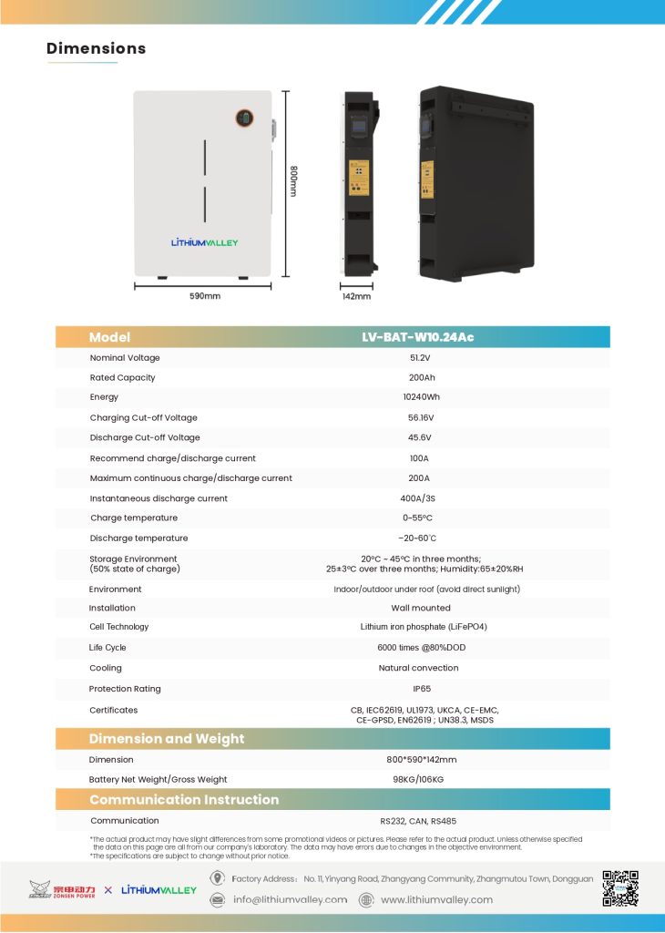 Lithium Valley 51.2V 200Ah 10.24kWh Wall Mount Lithium Battery