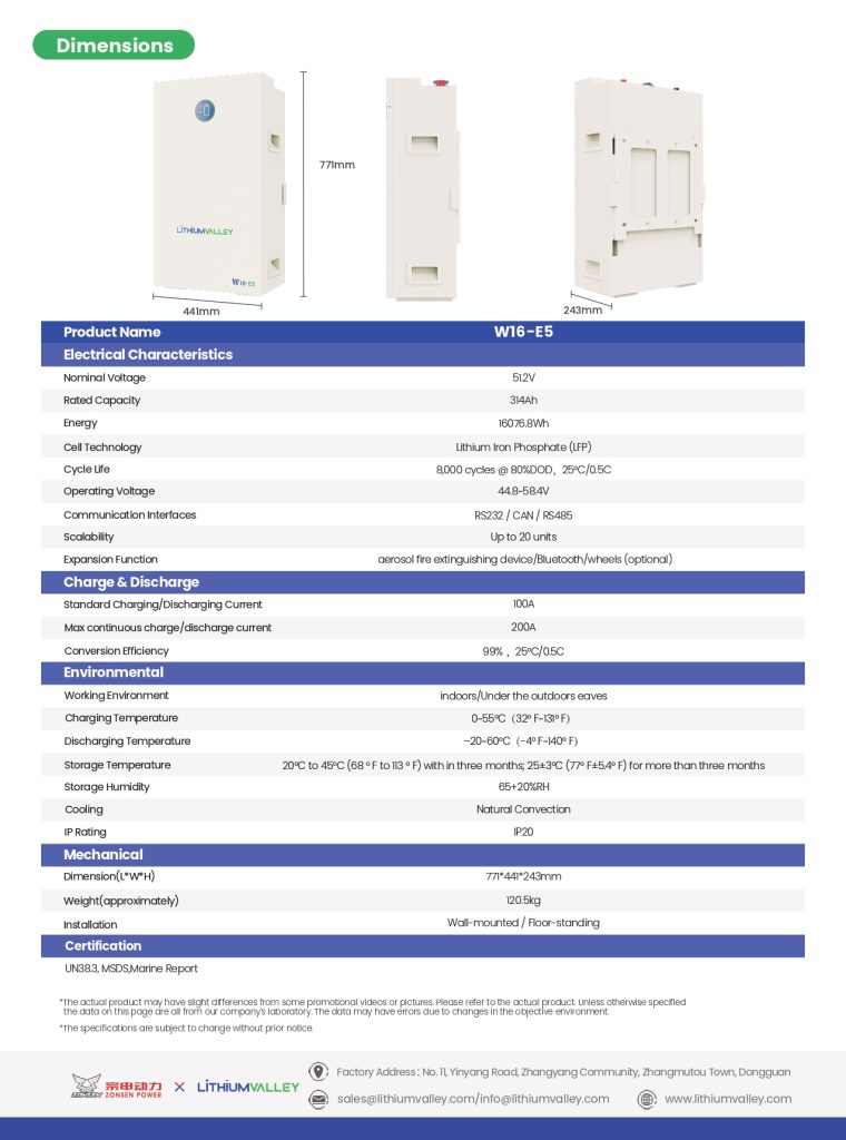 Lithium Valley W16-E5 51.2V 314Ah 16.07kWh Wall Mount Lithium Battery